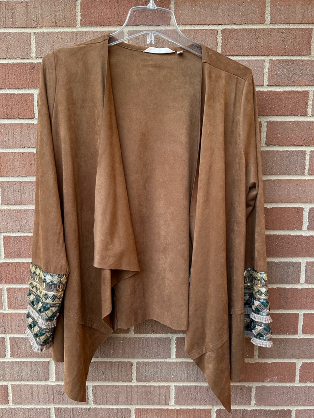 Soft Surroundings Faux Suede Embroidered Open Draped Cardigan Jacket Size Small